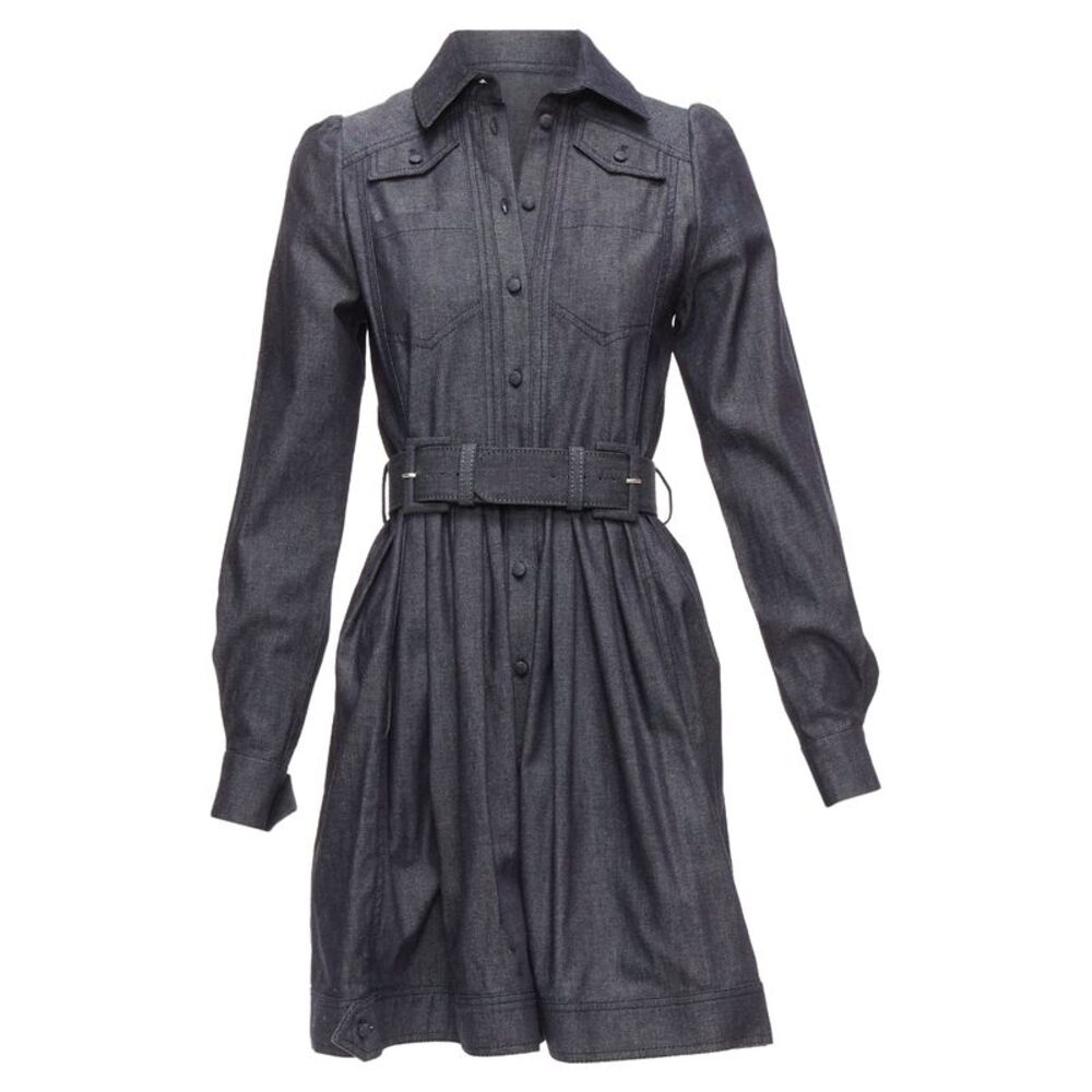 Dice Kayek Cotton Denim Pleated Front Pocketed Safari Dress